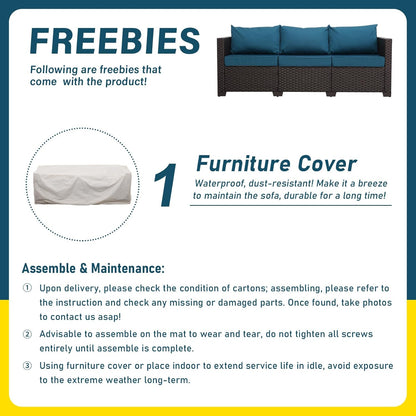 Outdoor Furniture Wicker Outdoor Couch Patio Furniture 3-seat Sofa Deep Seat Hight Backrest Non-Slip Cushions, Peacock Blue
