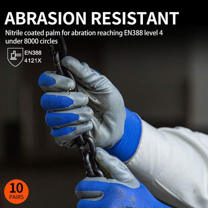 Vgo... 10-Pairs Safety Work Gloves, Gardening Gloves, Non-slip Nitrile coating, Dipping Gloves (Size XL, Blue, NT2110)