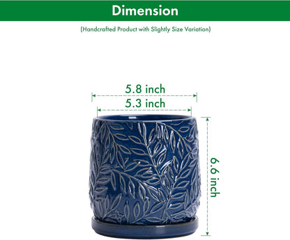 D'vine Dev 6 Inch Embossed Leaves Stoneware Planter Pot with Drainage Hole and Saucer, Midnight Blue, 27-A-X-3