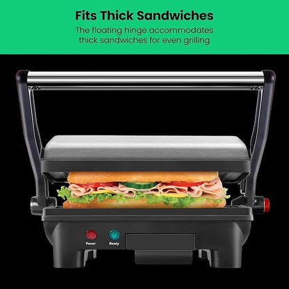 Chefman Electric Panini Press Grill, Compact 2-Slice Sandwich Maker, Non-Stick Coated Plates, Opens 180 Degrees, Dishwasher Safe, Removable Drip Tray, Stainless Steel/Black