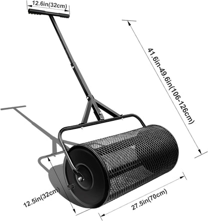 Compost Spreader, Durable Lawn Roller, Manure Spreader with Upgrade T Shaped Handle, Top Soil Spreader for Lawn and Garden Care Manure Spreaders Roller (16 Inch-T-Black-S)