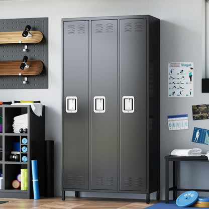 3 Doors Metal Lockers for Employees with 6 Hooks, Black Steel Storage Locker Cabinet, 72" Tall Lockers for Offices School Gyms Home Bedroom