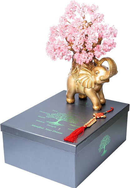 Rose Quartz Crystal Money Tree on Gold Elephant Statue, 17”Large Gemstone Bonsai Tree of Life Home Décor Gifts for Wealth Positive Energy, Feng Shui Décor