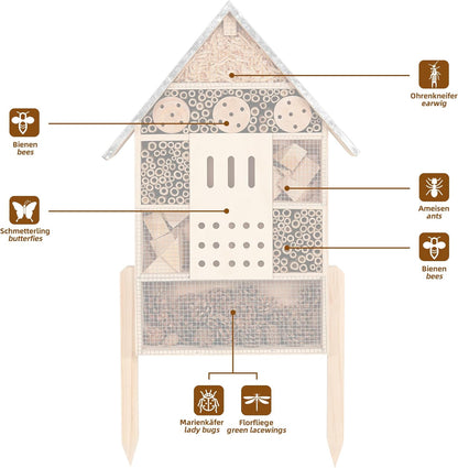 antiai Extra Large Wooden Insect House with Stakes,Wood Mason Bee Butterfly House,Insect Hotel,an Outdoor Bamboo Habitat for Ladybugs Live,Bee Box,Butterfly Habitat for Garden and Yard,30" H x15 W