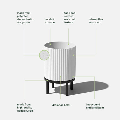 Veradek Demi Series Round Planter w/Stand for Porch/Patio | Durable Plastic-Stone Composite & Wooden Stand | Modern Décor for Tall Plants, Flowers