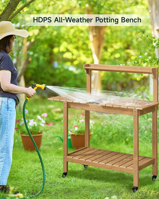 HDPS Outdoor Potting Bench with Sliding Tabletop/ 4 Wheels/Removable Sink, All-Weather Outside Garden Work Table, No Rust/Fade/Break, Potting Station for Porch, Patio & Backyard (Teak)