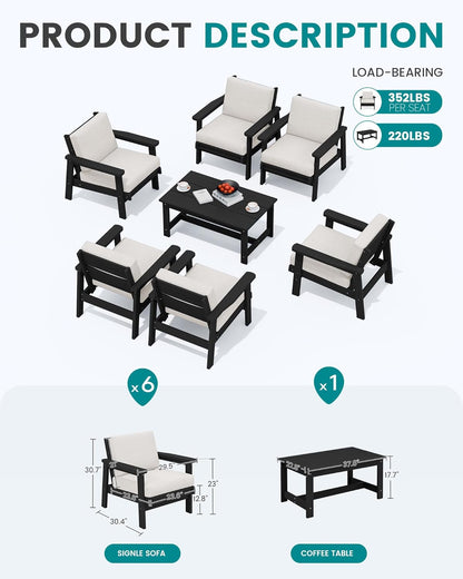 SERWALL Patio Conversation Sets, 7 Piece, Black Frame with Khaki Cushions