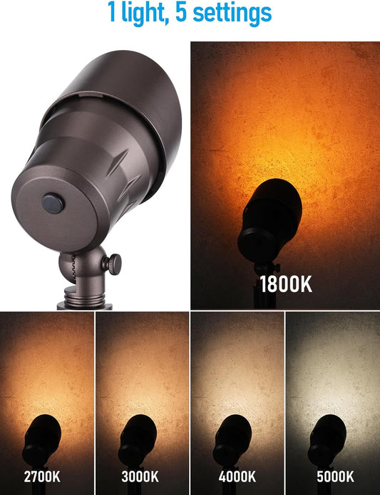 LEONLITE 8-Pack 5CCT Low Voltage LED Landscape Spotlight, Update 1800K2700K3000K4000K5000K Selectable, 5W 12V Pathway Lights Outdoor, CRI90, Aluminum Spot Lights for Yard, ETL Listed, IP65 Waterproof