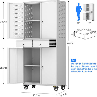 Garage Storage Cabinet with Wheels, Metal Storage Cabinet with 2 Drawers and 2 Adjustable Shelves, Metal Lockers with Pegboards for Homes, Offices, Kitchens, and Pantries, Gray and White