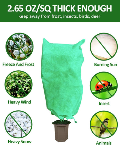 EAONE 12 Pack Plant Covers Freeze Protection, 24x32'' Winter Frosts Cloth for Outdoor Plants, Reusable Frost Blankets Drawstring Bags for Cold Freeze Sun Protection Bird Insect Prevention,Green