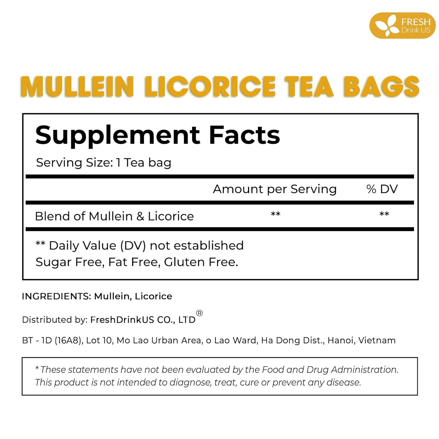 FreshDrinkUS, Premium 75 Mullein Licorice Tea Bags, 100% Natural, Blend of Mullein Leaves, and Licorice Root. Made with Natural Material Tea Bags. No Sugar, Vegan.