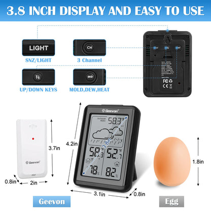 Geevon Indoor Outdoor Thermometer Wireless 200ft/60m, Digital Temperature Humidity Monitor with Large Display, Hygrometer with Weather, 3 Channel, Mold/Dew/Heat, 10s Backlight