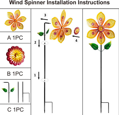 Metal Wind Spinners for Garden Decor Outdoor Windmill Sculptures, Durable Yard Art Wind Spinners Metal Wind Spinner for Patio Lawn Ornament (Bright Orange Flowers)