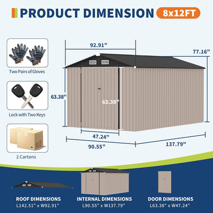 8x12 FT Metal Storage Sheds Outdoor, Metal Yard Sheds Garden Shed Kit, Metals Tool Shed with Lockable Door, Metals UtilityShed Buildings with Air Vent for Backyard Garden Patio Lawn