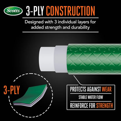 Scotts 50 ft. Light Duty Garden Hose – 5/8 in. Diameter, 3-Ply Construction, 200 PSI, High-Pressure, Easy-to-Coil Water Hose with Crush-Resistant Couplings, Easy to Connect for Lawn and Garden Use