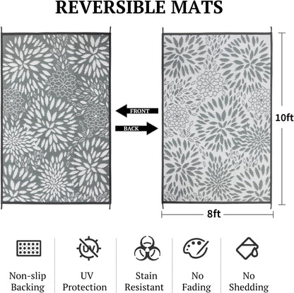 8'x10' Reversible Outdoor Rug - Eco-Friendly Plastic Straw Rug-Heavy-Duty Waterproof Mat, UV & Fade Resistant for Patio, Camping, RV, Deck, Balcony(8x10,Gray&Floral)