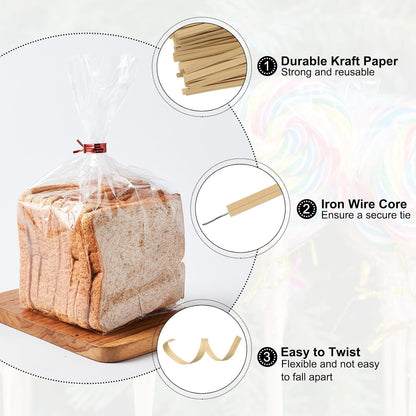 HARFINGTON 1000pcs Bag Twist Ties 3.5" Reusable Kraft Paper Twist Ties Wire Cable Ties for Party Bread Candy Cake, Wood Tone