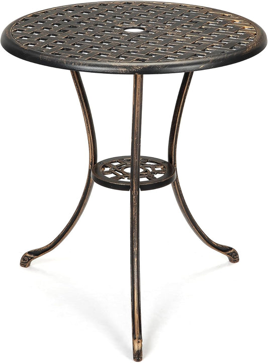 24" Outdoor Round Patio Bistro Table, Cast Aluminum Outdoor Cafe Table with 2 inch Umbrella Hole for Porch,Backyard,Garden, (Classic Square Pattern, Brown)