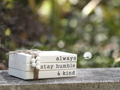 Lavender Inspired Farmhouse Book Decor-Always Stay Humble and Kind Sign-Book Shelf Decor-3 Pieces Faux Wooden Book Stack for Coffee Table Decor-Living Room Decor-Fireplace mantle table decor