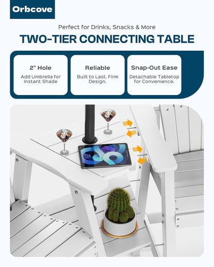 Tall Adirondack Chairs Set of 2 with 2-Layer Connecting Table, HDPE Bar Height Outdoor Table and Chairs with Umbrella Hole, All Weather Outdoor Bar Stools for Patio, Deck, Yard (White)