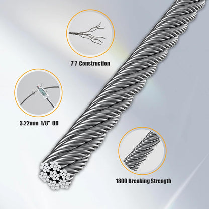 1/8" Stainless Steel Cable, 1500FT Wire Rope with Cutter 7x7 Strand, Aircraft Cable 1800 lb Breaking Strength, Cable for Deck Railing, Fence, DIY Balustrade