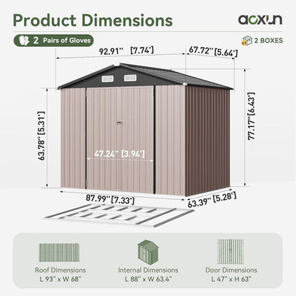 Aoxun 7x5 FT Outdoor Storage Shed with Base Garden Metal Shed with Lockable Door Outdoor Large Shed for Tool, Garbage Can, Bike, Mower, Brown