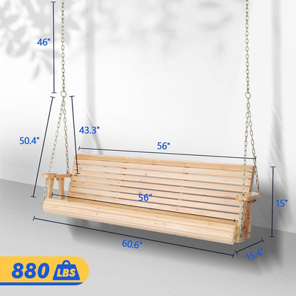 VINGLI Upgraded Patio Wooden Porch Swing for Courtyard & Garden, Heavy Duty 880 LBS Swing Chair Bench with Hanging Chains for Outdoors (Natural, 5 FT)