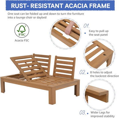 SUNSITT 4 Piece Acacia Wood Patio Furniture Outdoor Sectional Sofa Set with Adjustable Armrest, FSC Certified L-Shaped Patio Set w/2-in-1 Coffee Table, Cream White Cushions for Garden