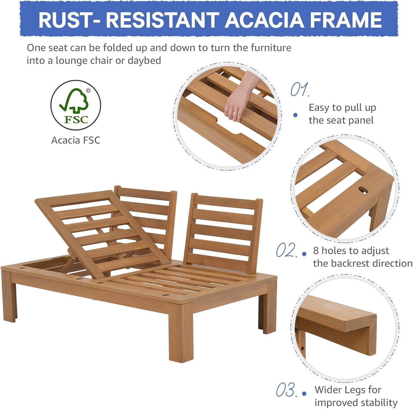SUNSITT 6 Piece Acacia Wood Patio Furniture Outdoor Sectional Sofa Set with Adjustable Armrest, FSC Certified L-Shaped Patio Set w/2-in-1 Coffee Table, Cream White Cushions for Garden