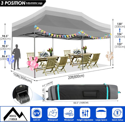 COBIZI 10x20 Canopy with Sidewalls, Heavy Duty Party Tent Pop up carpas para Fiestas, Tents for Parties, Wedding, Outdoor Ez up Foldable Portable Canopy Tent with Wheeled Bag, Grey(Windproof Upgrade)