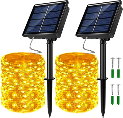 2 Pack Solar Powered Fairy String Lights Outdoor Waterproof 8 Modes Twinkle Christmas Decorations Lights, Each 33ft-100LED, 40ft-120LED, 66ft-200LED, 80ft-240LED, (Warm White, 66)