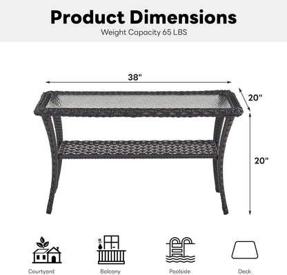 38 Inch Outdoor Coffee Table with 2 Tier Storage - Wicker Coffee Table with Water Ripple Texture Tempered Glass Top, All Weather Patio Coffee Table for Deck Porch Balcony Garden Black