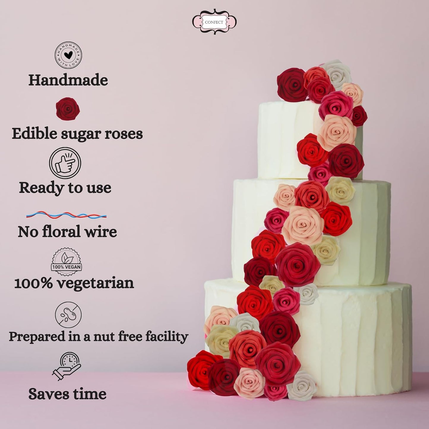 Confect Edible Rose Cake Toppers – Edible Roses for Cupcake & Cake Decorations- Vegan, Gluten-Free, Dairy-Free, Palm Oil-Free -Edible Viva Magenta Roses - Pack of 12