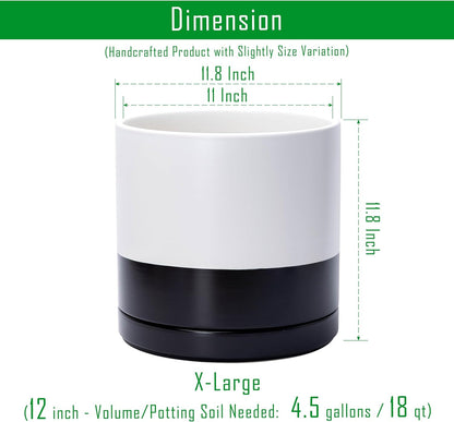 D'vine Dev 12 Inch Ceramic Planter Pot with Drainage Hole and Saucer, Indoor Cylinder Round Planter Pot, Layered Monochrome Black & White, 94-O-F-L