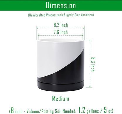 D'vine Dev 8.2 Inch Ceramic Planter Pot with Drainage Hole and Saucer, Indoor Cylinder Round Planter Pot, Oblique Monochrome Black and White, 94-O-D-K
