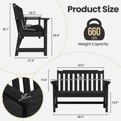 Ciokea 46" Heavy Duty Outdoor Bench Set of 2, HDPE Weatherproof Garden Bench, 2-Person Memorial Benches with 660 Lbs, Waterproof Patio Porch Benches for Outside Business Deck Office Backyard, Black