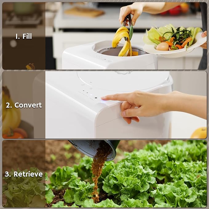 Airthereal Bundle | Revive Electric Kitchen Composter White and 1 Spare Bucket + Lid, 2.5L Capacity with SHARKSDEN® Tri-Blade, Turn Food Waste and Scraps into Dry Compost Fertilizer