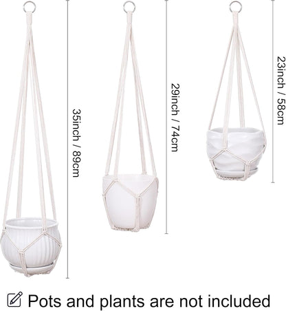 YIBOT 3 Pack Macrame Plant Hanger Indoor Hanging Planter Basket with 3 Hooks, 35"/29"/23" Crochet Plant Holder Stand No Tassels for Indoor Outdoor Boho Home Decor, Ivory (POTS NOT Included)