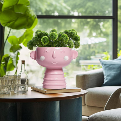 Smiley Face Planter - 7 Inch Ceramic Head Planter for Indoor Outdoor Plants, Cute Succulent Pots with Drainage Hole, Decorative Flower Pots, Home Room Desk Decor, Birthday Gifts, Bright Pink