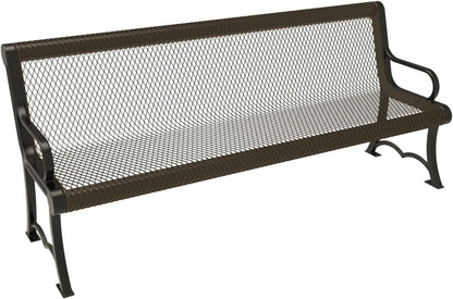 Heavy-Duty Outdoor Bench Thermoplastic Coated, Expanded Metal, Commercial-Grade Garden Bench, Made in America (Portable with Back, 6 Ft, Textured Brown)
