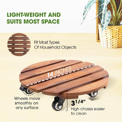 Idzo 2-Pack 14 Inch Acacia Wood Plant Caddy with Wheels – Heavy-Duty Plant Dolly with 264 Lbs Capacity, 360° Lockable Wheels for Large Plant Pots, Heavy Objects, Ideal for Indoor and Outdoor Use