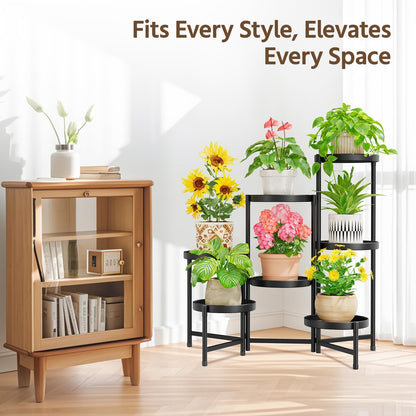 LASZOLA 7 Tiered Folding Plant Stand Indoor for Multiple Large Planter, Tall Heavy Duty Adjustable Rack with Rust Proof 10 Inch Wide Tray, Sturdy Vertical Tree Organizer for Narrow Inside Floor, Black