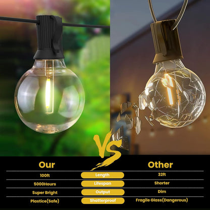 100FT Solar String Lights Outdoor Waterproof with Remote, G40 Solar Powered String Lights with 30+2 LED Shatterproof Bulbs, Dimmable Solar Patio Hanging Lights for Outside Backyard Party