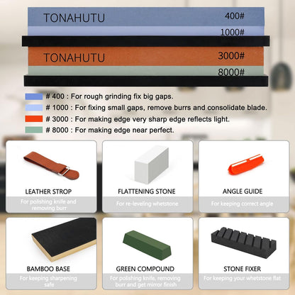 Knife Sharpening Stone Set, Professional 4 Side Grit 400/1000 3000/8000 Premium Whetstone Knife Sharpener with 150/320 Flattening Stones, Leather Strop, Polishing Combination & Angle Guide