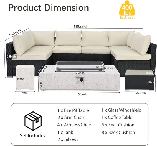 8 Piece Patio Furniture Set - Outdoor Conversation Sets with 56" Fire Table and Coffee Table, Rattan Modular Sofa Set for Garden/Poolside, Beige/Black