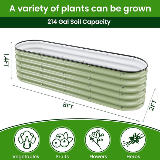 8 X 2 X 1.4 Ft Galvanized Raised Garden Bed,Sturdy and Easy to Assemble Oval Raised Planter Beds Outdoor for Vegetables, Gardening, Flowers, Fruits（Light Green）