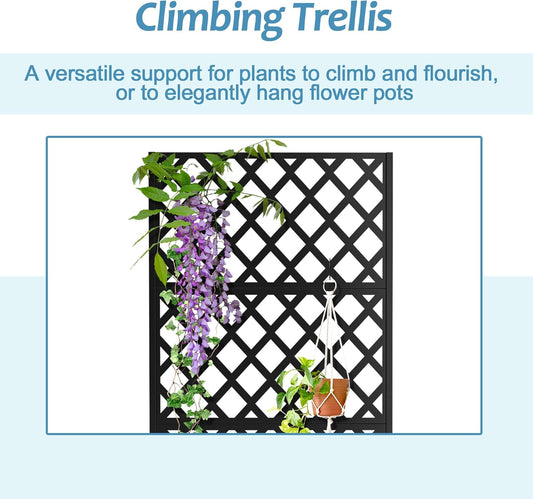 Metal Planter Box with Trellis & Wheels, Raised Garden Bed with Privacy Screen, Outdoor Standing Flower Beds with Drainage Hole for Climbing Plants, Vine, 35.4" L x 15.7" W x 70.9" H, Black