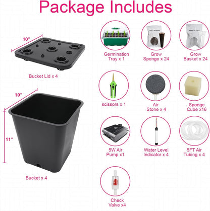 4 Hydroponic Buckets Kit for Plants, Hydroponics Growing System for Herbs/Tomato/Vegetables, DWC System with Air Pump & Germination Tray Black (Complete Indoor Hydroponic Gardening Supplies)