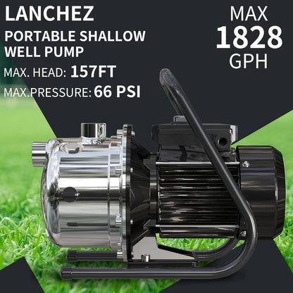 LANCHEZ 1.2 HP Portable Shallow Well Garden Pump, 1828 GPH Stainless Steel Sprinkler Pump, 115V Water Transfer Draining Irrigation for Lawn