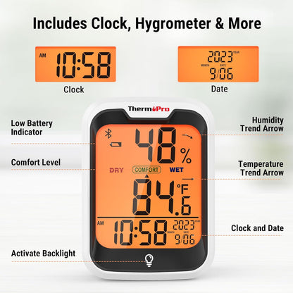 ThermoPro TP358 Bluetooth Thermometer for Room Temperature with Built-in Clock, Smart Temperature Sensor and Humidity Meter with Backlit, 260Ft Hygrometer Indoor Thermometer with Data Storage Export